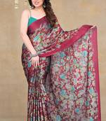 red floral printed chiffon saree with unstitched blouse piece