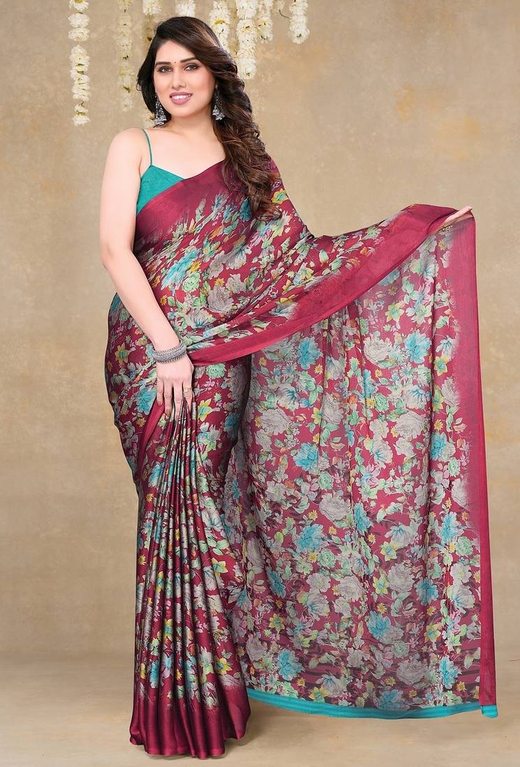 red floral printed chiffon saree with unstitched blouse piece