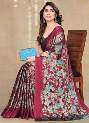 red floral printed chiffon saree with unstitched blouse piece 2
