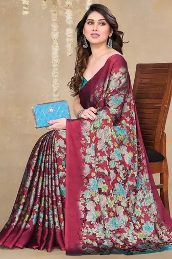 red floral printed chiffon saree with unstitched blouse piece