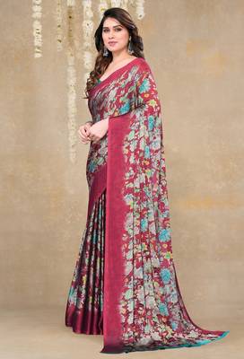 red floral printed chiffon saree with unstitched blouse piece 3