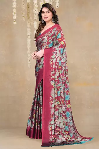 red floral printed chiffon saree with unstitched blouse piece