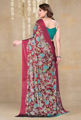red floral printed chiffon saree with unstitched blouse piece 4