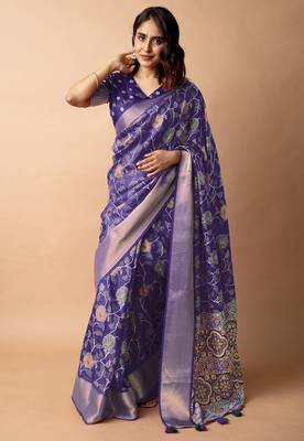 purple floral printed cotton silk saree with unstitched blouse piece 1