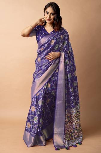 purple floral printed cotton silk saree with unstitched blouse piece