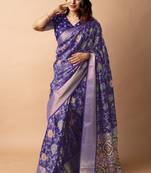purple floral printed cotton silk saree with unstitched blouse piece