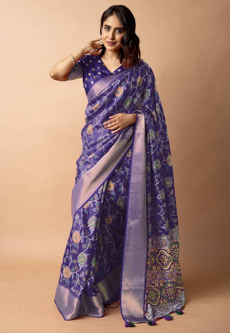 purple floral printed cotton silk saree with unstitched blouse piece