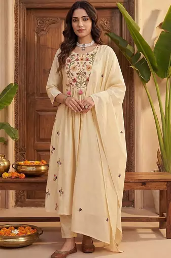 Women Floral Embroidered Empire Thread Work Kurta with Trousers & With Dupatta