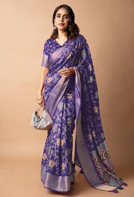 purple floral printed cotton silk saree with unstitched blouse piece 2