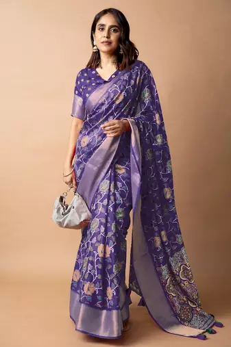 purple floral printed cotton silk saree with unstitched blouse piece