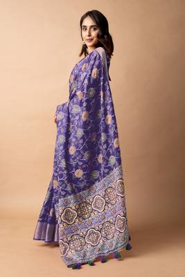 purple floral printed cotton silk saree with unstitched blouse piece 3