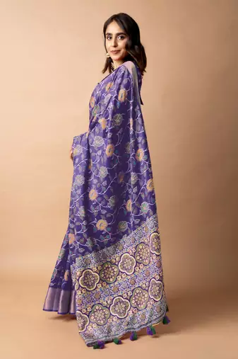 purple floral printed cotton silk saree with unstitched blouse piece