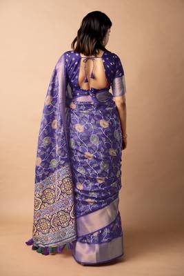 purple floral printed cotton silk saree with unstitched blouse piece 4