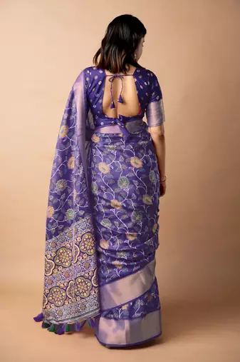 purple floral printed cotton silk saree with unstitched blouse piece