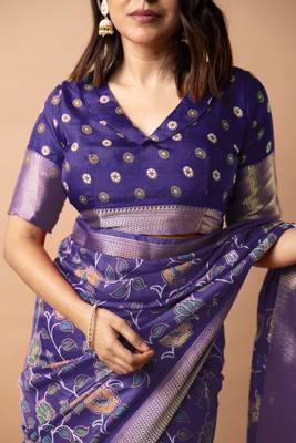 purple floral printed cotton silk saree with unstitched blouse piece 5