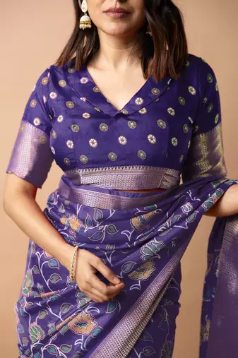 purple floral printed cotton silk saree with unstitched blouse piece