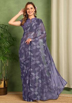 purple floral printed chiffon saree with unstitched blouse piece 1