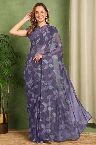 purple floral printed chiffon saree with unstitched blouse piece