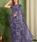 purple floral printed chiffon saree with unstitched blouse piece