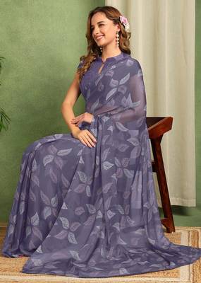 purple floral printed chiffon saree with unstitched blouse piece 2