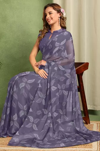 purple floral printed chiffon saree with unstitched blouse piece