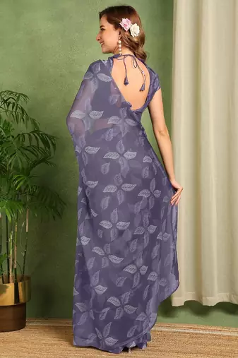 purple floral printed chiffon saree with unstitched blouse piece