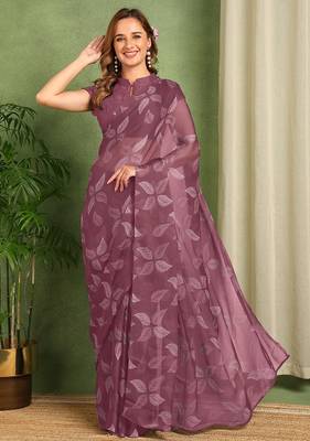 maroon floral printed chiffon saree with unstitched blouse piece 1