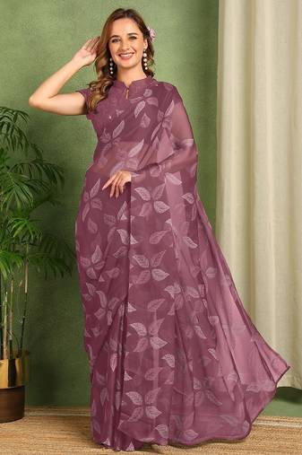 maroon floral printed chiffon saree with unstitched blouse piece