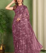 maroon floral printed chiffon saree with unstitched blouse piece