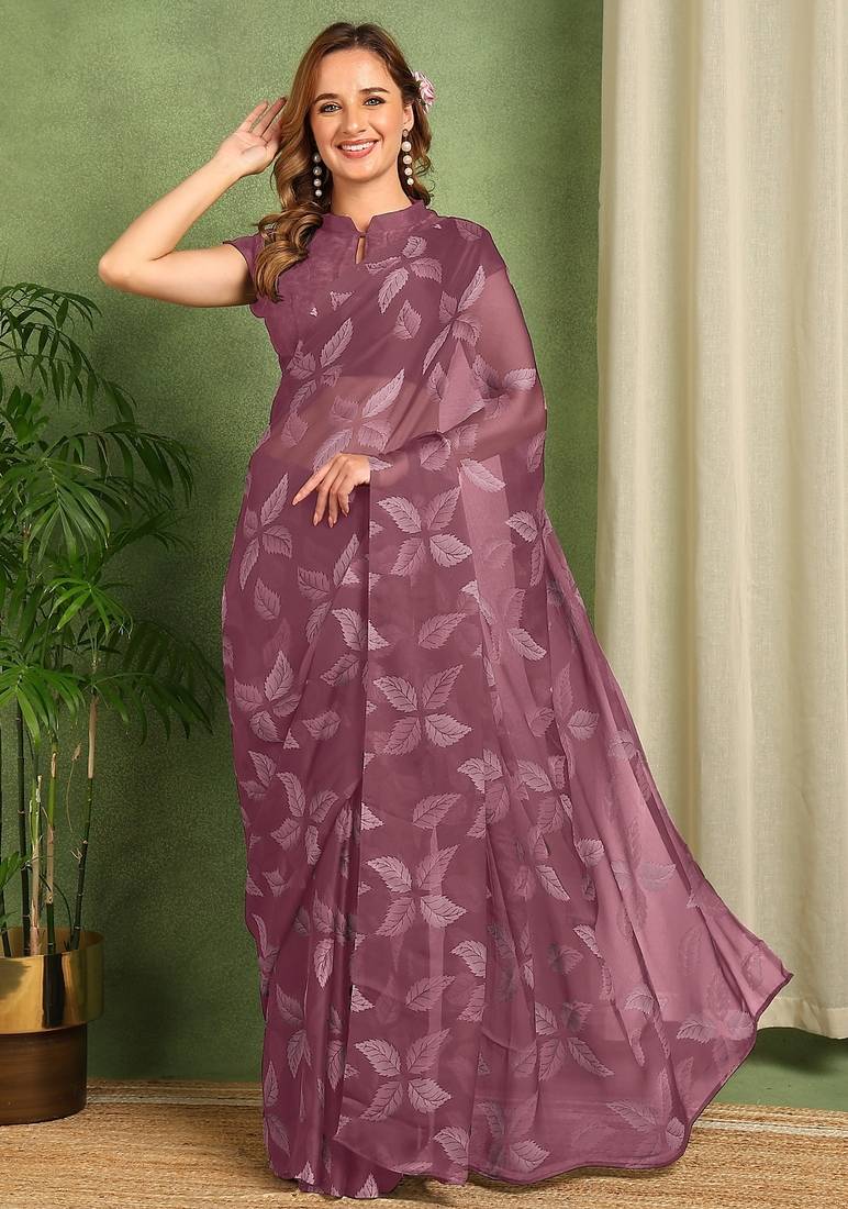 maroon floral printed chiffon saree with unstitched blouse piece