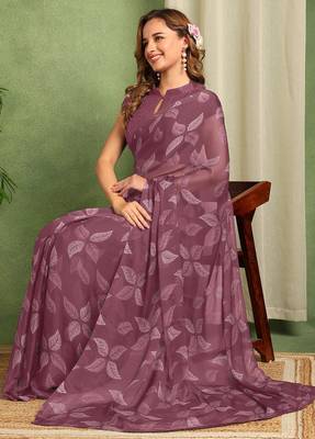 maroon floral printed chiffon saree with unstitched blouse piece 2