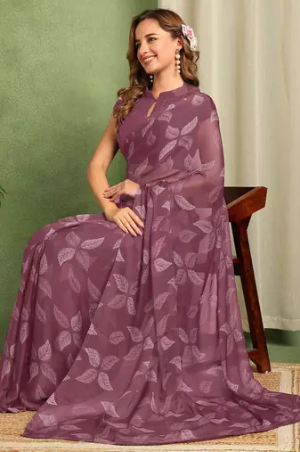 maroon floral printed chiffon saree with unstitched blouse piece
