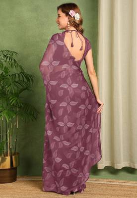 maroon floral printed chiffon saree with unstitched blouse piece 5