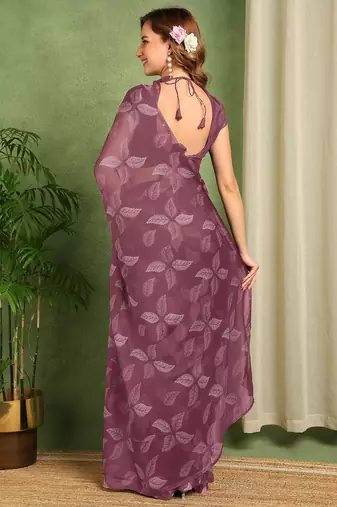 maroon floral printed chiffon saree with unstitched blouse piece