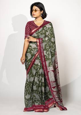 green madhubani ethnic printed viscose cotton saree with unstitched blouse piece 1