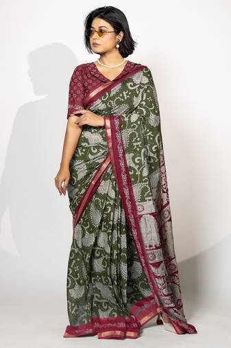 green madhubani ethnic printed viscose cotton saree with unstitched blouse piece