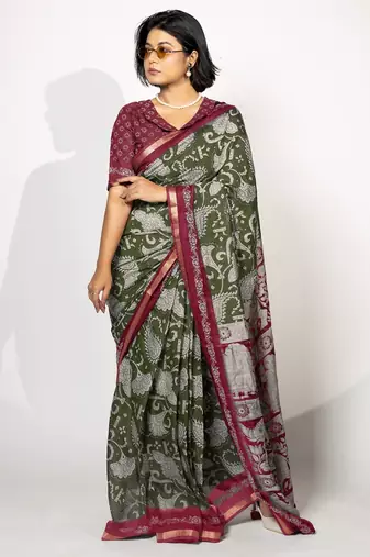 green madhubani ethnic printed viscose cotton saree with unstitched blouse piece