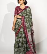 green madhubani ethnic printed viscose cotton saree with unstitched blouse piece