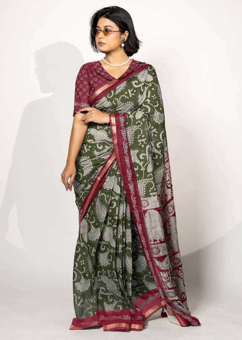 green madhubani ethnic printed viscose cotton saree with unstitched blouse piece