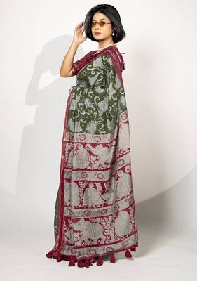 green madhubani ethnic printed viscose cotton saree with unstitched blouse piece 2
