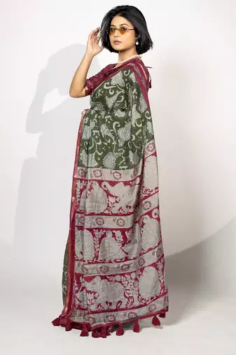 green madhubani ethnic printed viscose cotton saree with unstitched blouse piece