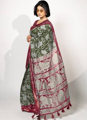 green madhubani ethnic printed viscose cotton saree with unstitched blouse piece 3