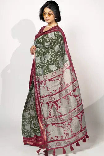 green madhubani ethnic printed viscose cotton saree with unstitched blouse piece