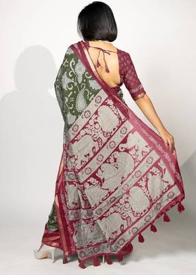green madhubani ethnic printed viscose cotton saree with unstitched blouse piece 4