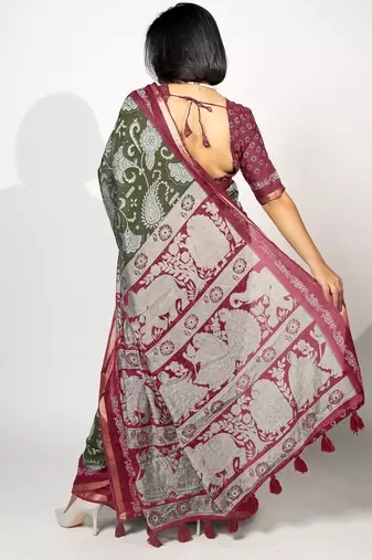 green madhubani ethnic printed viscose cotton saree with unstitched blouse piece