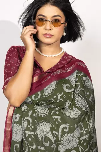 green madhubani ethnic printed viscose cotton saree with unstitched blouse piece