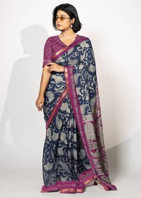 blue madhubani ethnic printed viscose cotton saree with unstitched blouse piece 1