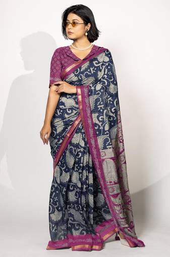 blue madhubani ethnic printed viscose cotton saree with unstitched blouse piece