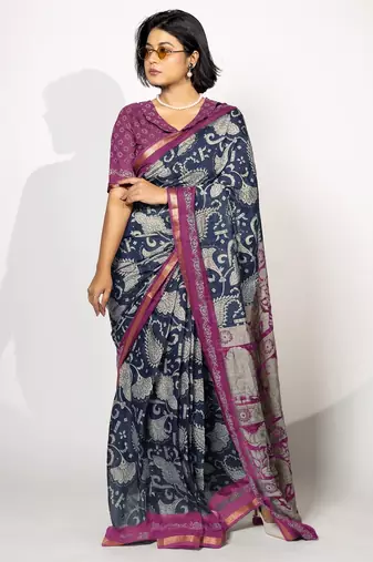 blue madhubani ethnic printed viscose cotton saree with unstitched blouse piece