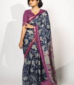 blue madhubani ethnic printed viscose cotton saree with unstitched blouse piece